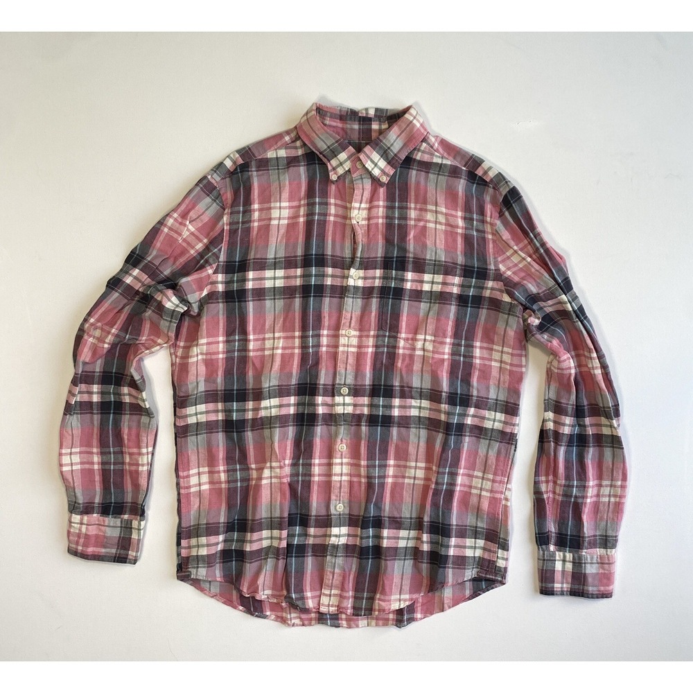 American Eagle Seriously Soft Pink Plaid Linen Blend Button Down Shirt Mens M
